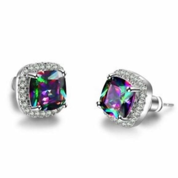 RAINBOW MYSTIC TOPAZ DIAMOND HALO STUD EARRINGS - Picture 3 of 4